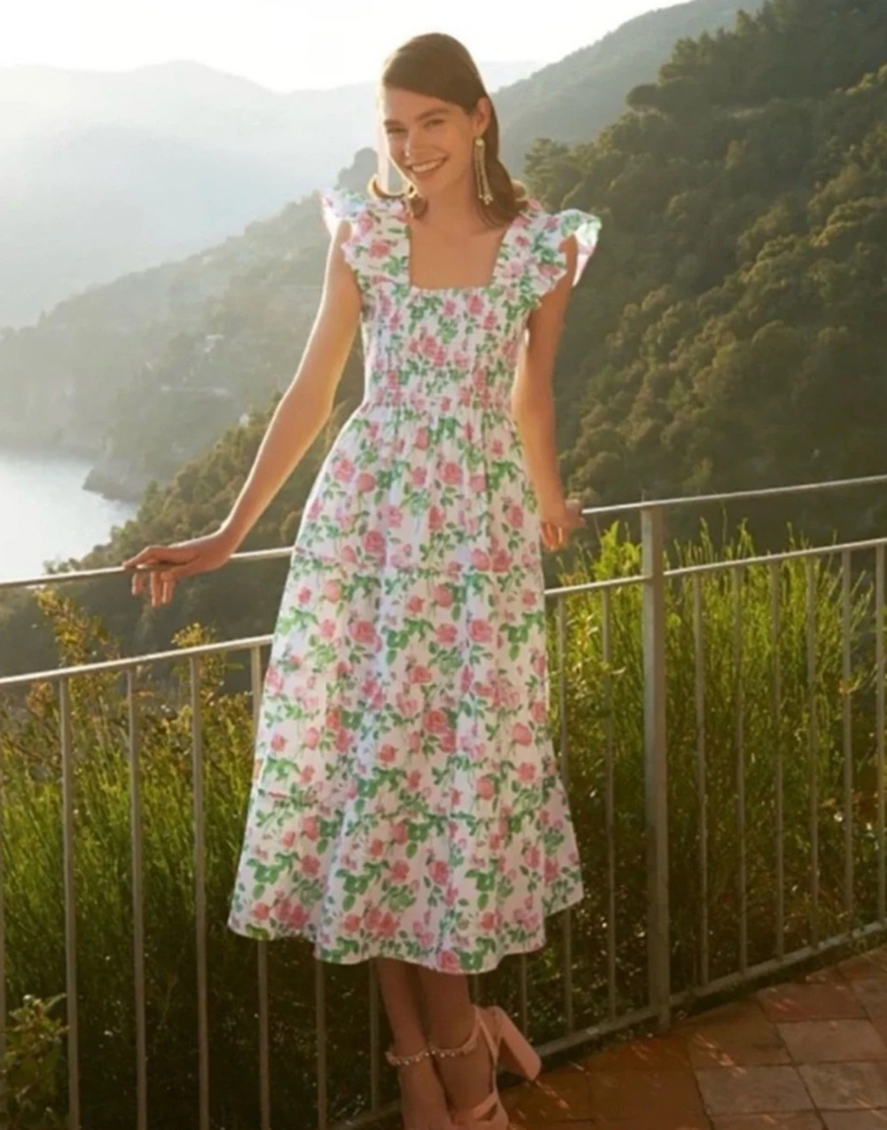 HILL HOUSE The Ellie Nap Midi Dress Smocked Cotton Poplin Rose Nordstrom XS $178